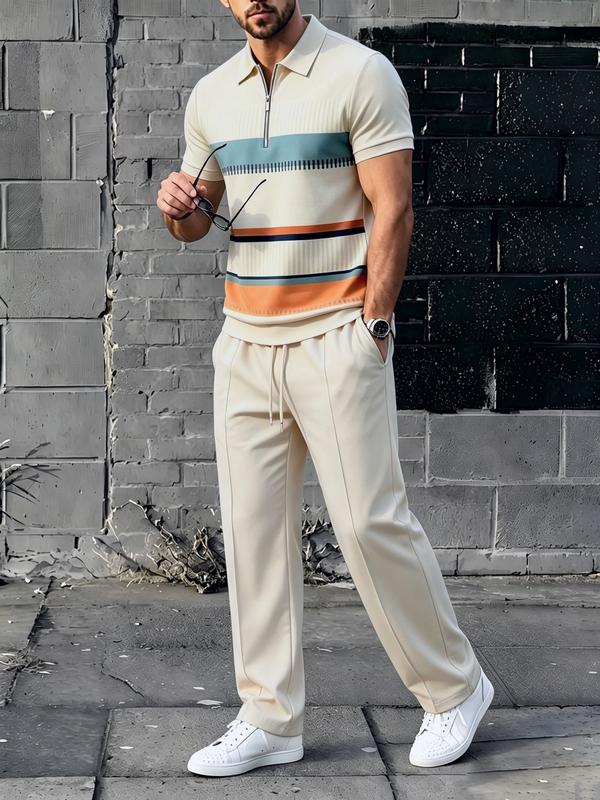 Men's 2-Piece Casual Geometric Printed Short-Sleeve Polo Shirt & Solid Color Pants Set, Comfortable Menswear for Work & Weekends, Stylish Mens Clothing Outfit
