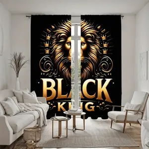 2Pcs Golden Black Lion King Printed Heavy Curtain Panel, Crown Element, Pole Pocket Style, Semi Sunshade, Home Decor, Suitable for Living Room, Bedroom, Balcony, Kitchen, Study and Shower Window Decoration, Accessory, Anti Privacy.