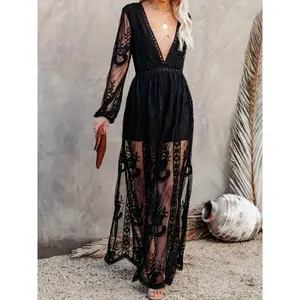 Women's Casual Boho Floral Deep V-Neck Lace Romper Long Sleeve Embroidery Cocktail Maxi Dress Lace Plunge A-line Vacation Split Hem Dresses Bridesmaid Wedding Evening Party Fall Autumn/Winter Christmas Costumes Minimalist Short Basic Comfort Womenswe