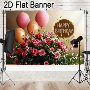 2D flat banner, 1pcPink Red Rose Birthday Bouquet + Light Pink Peach Balloons, Happy Birthday Sign Decor for Festive Celebration Party Supplies