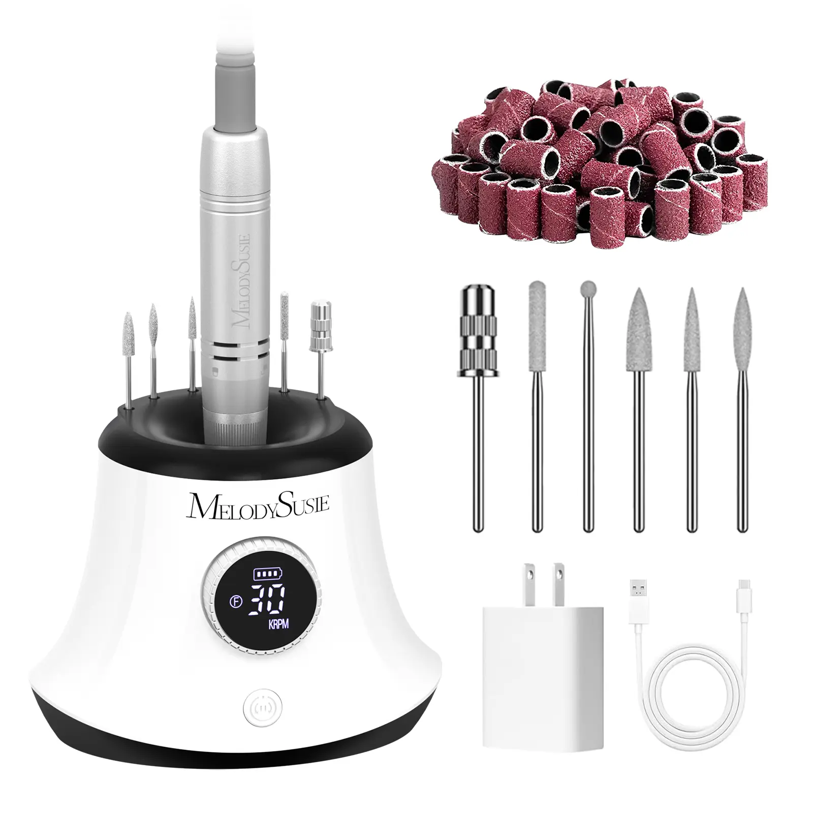 MelodySusie Rechargeable Desktop Nail Drill,Professional 30000RPM Electric Nail File for Acrylic & Gel Nails Removal,SC320G Cordless E-File Machine with LED Display for Manicure Salon & Home