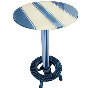 Pub Table Lemans Blue and White SS Stripe 1/2"x 24" Diameter Glass Top Ring Gear and Drive Shaft Base Bar Height Retro Style Unique Construction
