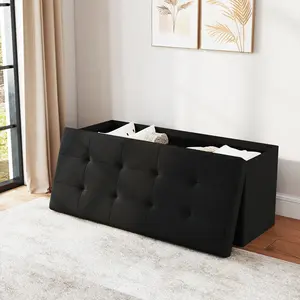 Durable Folding Ottoman Bench 660 lbs Capacity Padded Seat Fabric Leather Toy Box Chest Black Tufted Design for Kids' Room Bedroom Living Room Space-Saving
