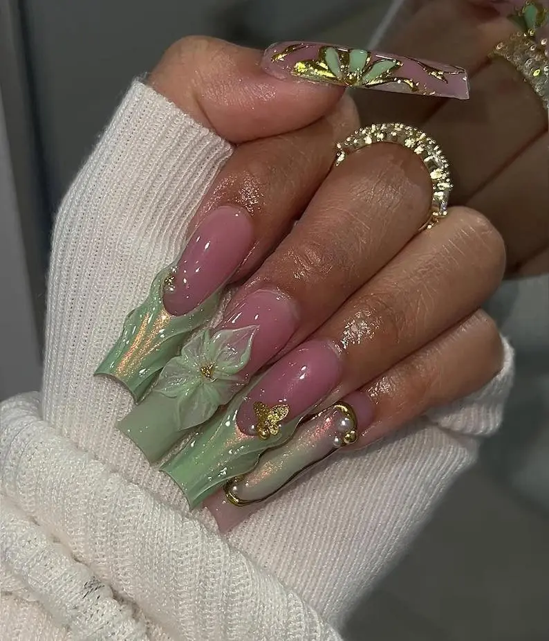 Mint Green Floral Press On Nails 3D Green Flower Nails Iridescent Chrome Butterfly Nail Set Pearl Accents Garden Long Nails