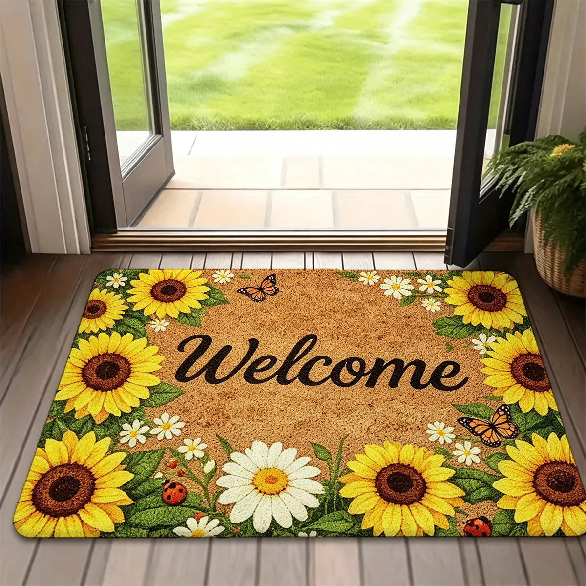 Sunflower Daisy Butterfly Welcome Letter Print Flannel Doormat, Cute Spring Aesthetic Home Decor Rug, Housewarming Holiday Gift For Her Garden Plant Lovers, Indoor Entryway Porch Bedroom Bathroom Floor Mat, 16×24in 20X31in 24X36in