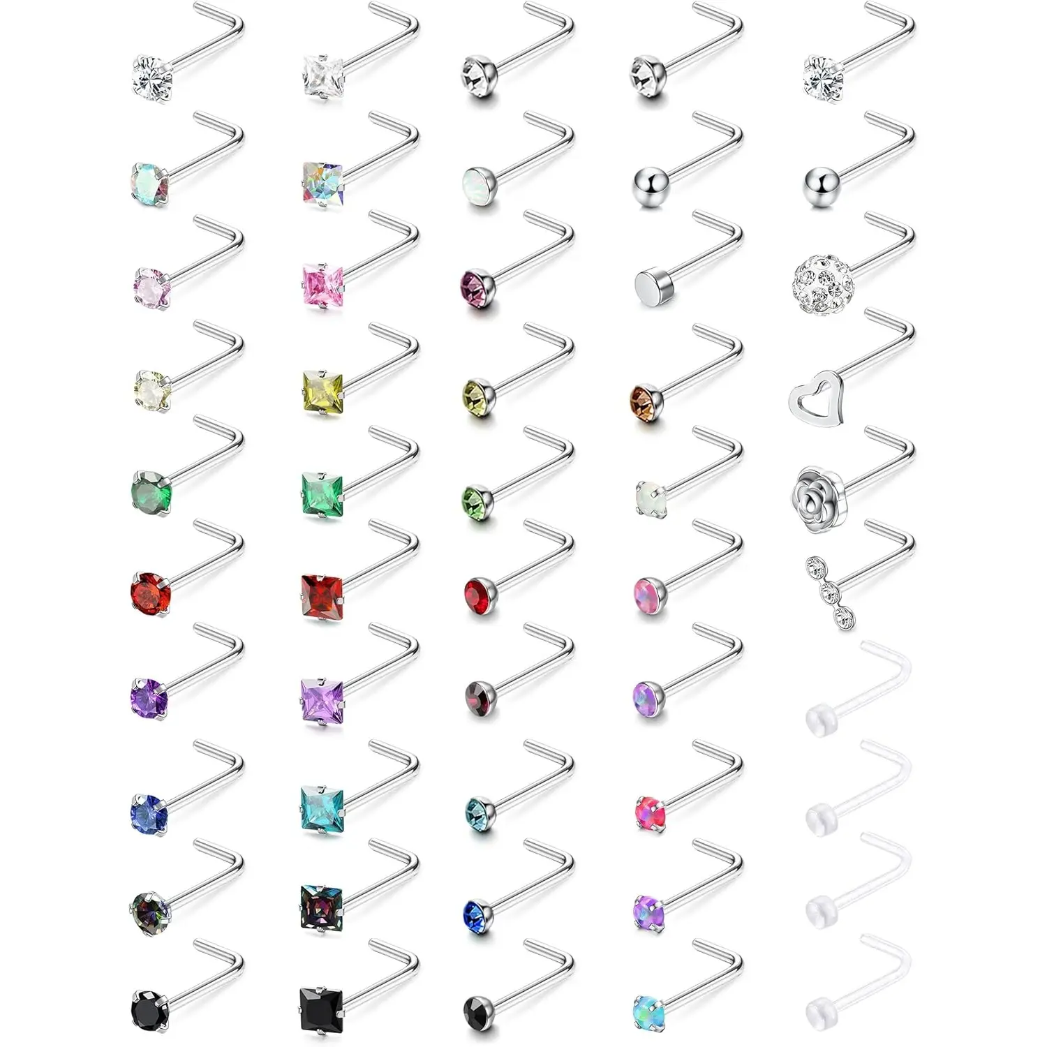 YADOCA 50Pcs Hypoallergenic Nose Rings 20G Surgical Steel Nose Rings Studs L Shaped Nose Piercing Jewelry CZ Opal Heart Nose Studs Set For Women Men