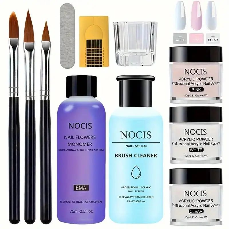 Acrylic Nail Art Kit, 1 Set Transparent Pinkish Nude Nail Powder & Non-yellowing Liquid & Brush Cleaner & Professional Nail Art Tools for Salon-quality & Home DIY, Nail Extensions
