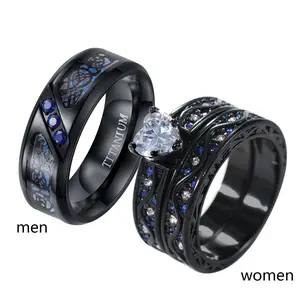Black 2 Rings His And Hers Ring Couple Rings Heart Cz Womens Wedding Ring Sets Blue Cz Titanium Steel Mens Wedding Bands