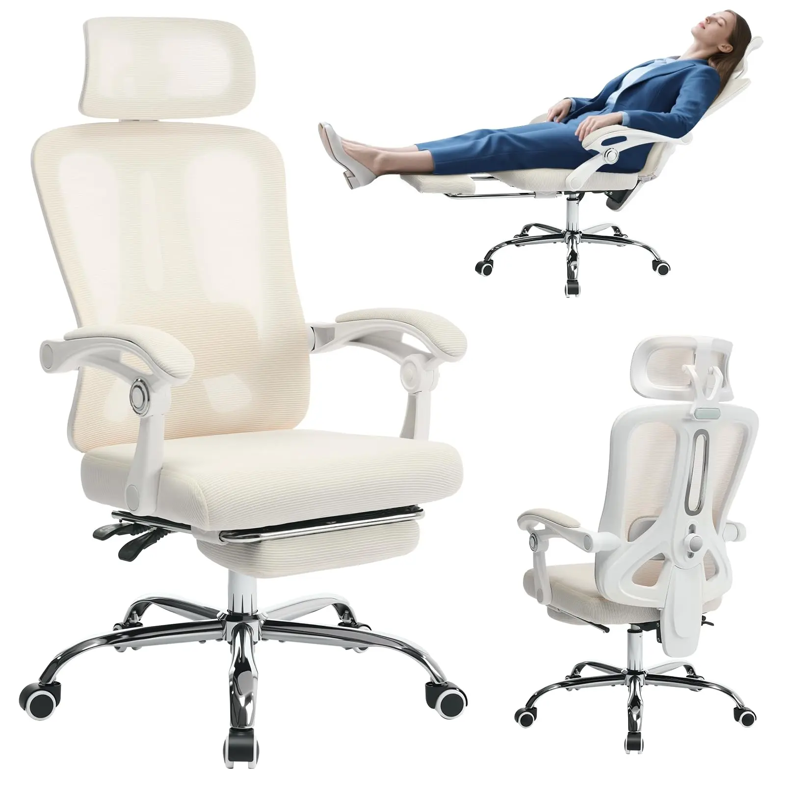 GARVEE High Back Ergonomic Office Chair With Mesh Back, Retractable Footrest, Adjustable Headrest & Lumbar Support – Wide Computer Desk Chair With Wheels for Home Office or Bedroom, Beige