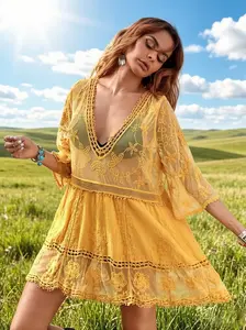 New V-neck lace embroidered sun protection bikini swimsuit beach cover-up for women