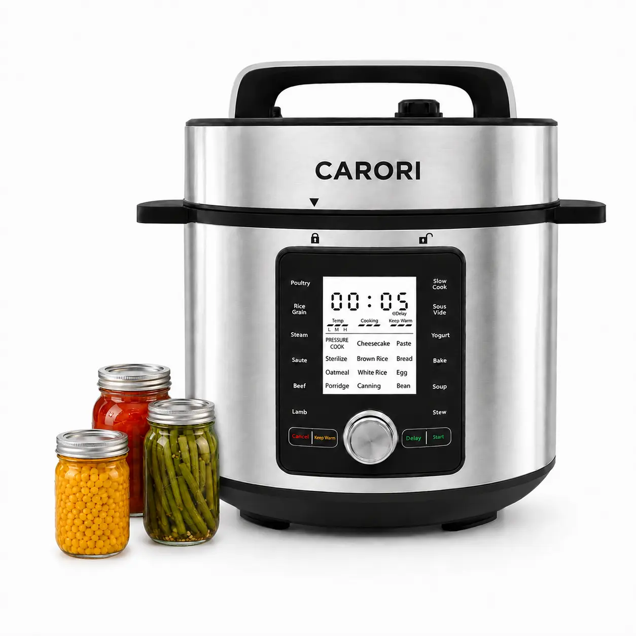 CARORI 8 Qt 8-in-1 Multi-Cooking Rice & Pressure Cooker, 24-Program Modern Electric Cooker with Touch Screen, Dial Controls, 1200W Ceramic Nonstick Pot, Silver, 8qt Capacity