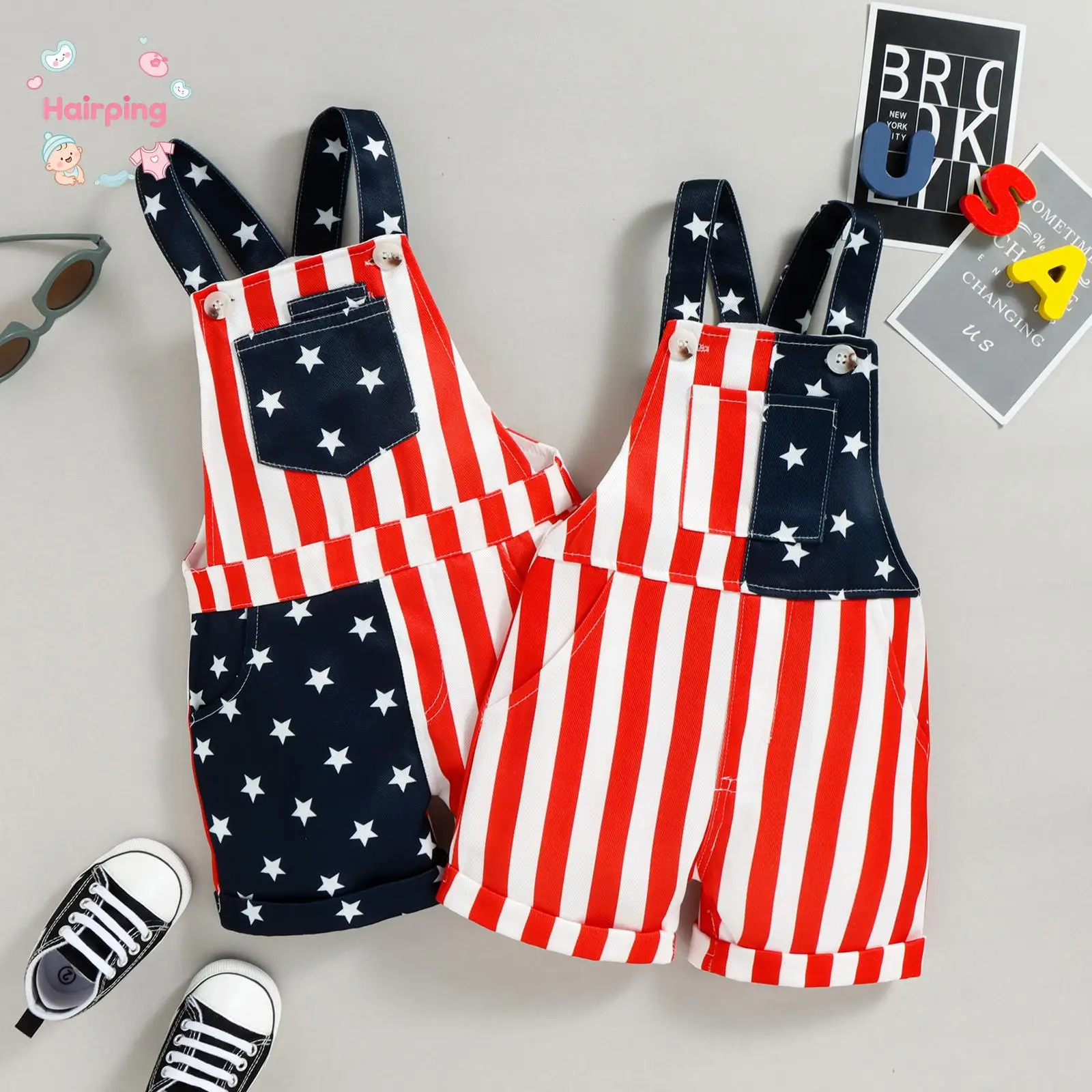 Infant Baby Independence Day Jumpsuit, Star Stripe Print Sleeveless Suspender Pants Cute Style Clothing Overalls, Independence Day Set, 4th of July Ou