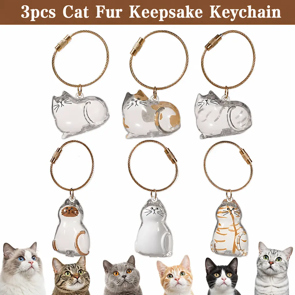3 Pcs Clear Cat Fur Keepsake Keychain, Pet Hair Memory Storage Charm Holder, Collect & Carry Cat Fur, 3 Assorted Designs, Memorial Gift for Cat Lovers