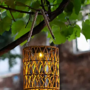 Vintage Woven Solar Outdoor Hanging Lantern, Waterproof Metal Solar Powered Lamp, Warm Light LED, Decorative Garden Lights