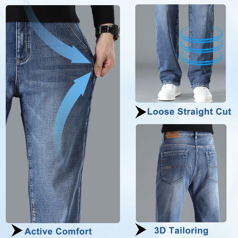 Men's Fleece-Lined Stretch Jeans Winter Loose-Fit Fleece-Lined Jeans Straight-Leg Mid-Rise Fashionable Versatile Jeans Business Casual Warm Trousers Suitable for Daily Wear and Outings