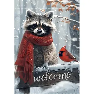 Winter Forest Raccoon & Cardinal Welcome Garden Flag, Polyester, Double-Sided, Waterproof, Durable Outdoor Decor, Red Scarf Accents, Yard Appeal, Multi-Purpose