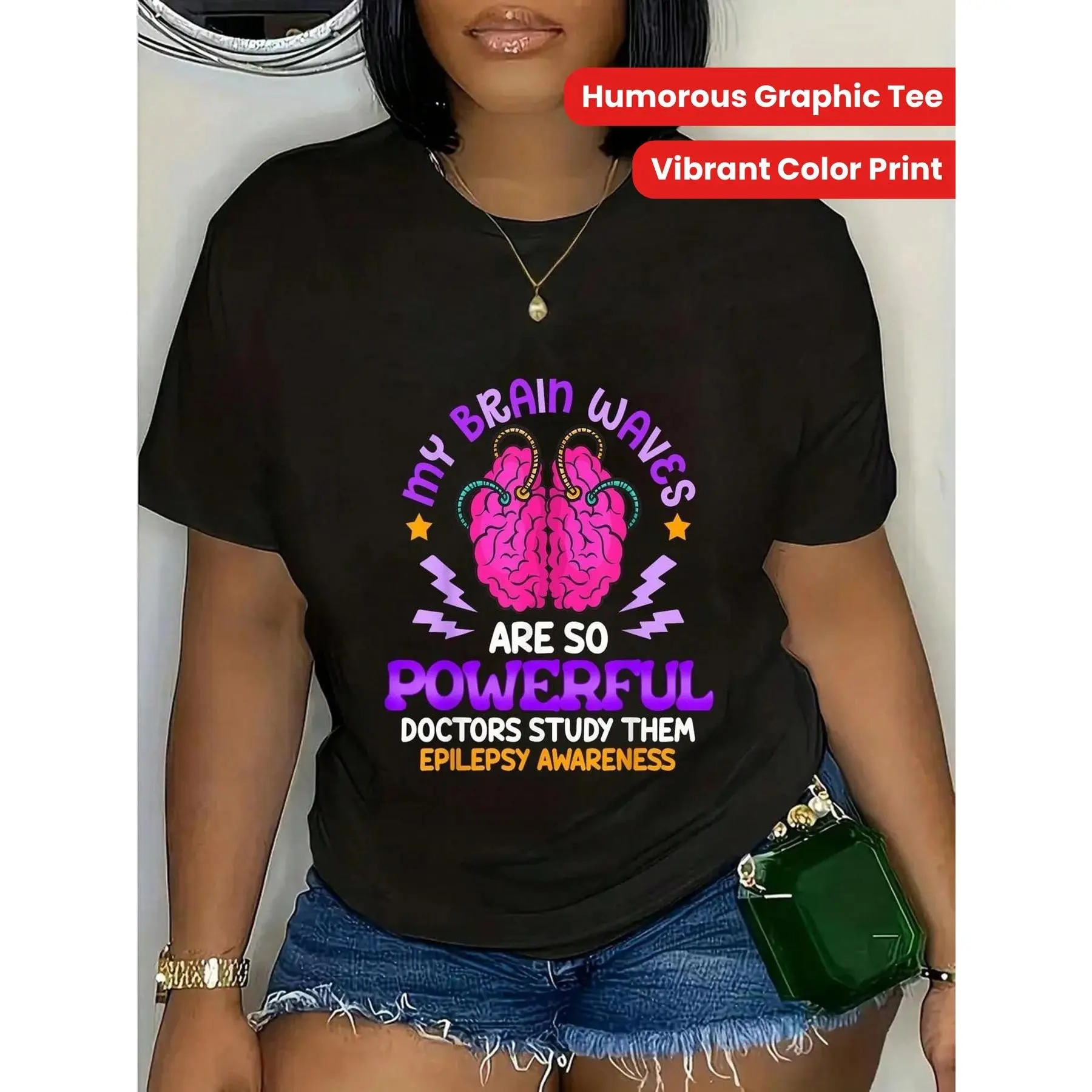 Women's Casual Loose-Fit T-shirt, 100% Cotton Short Sleeve Funny Quote Graphic Print for Epilepsy Awareness, Shortsleeve, Digital Print, Basic, Round Neck, Tshirt, Ruffle Sleeve, Tops, All Seasons, Crew Neck, Draped, Machine Wash, Elegant, Lady