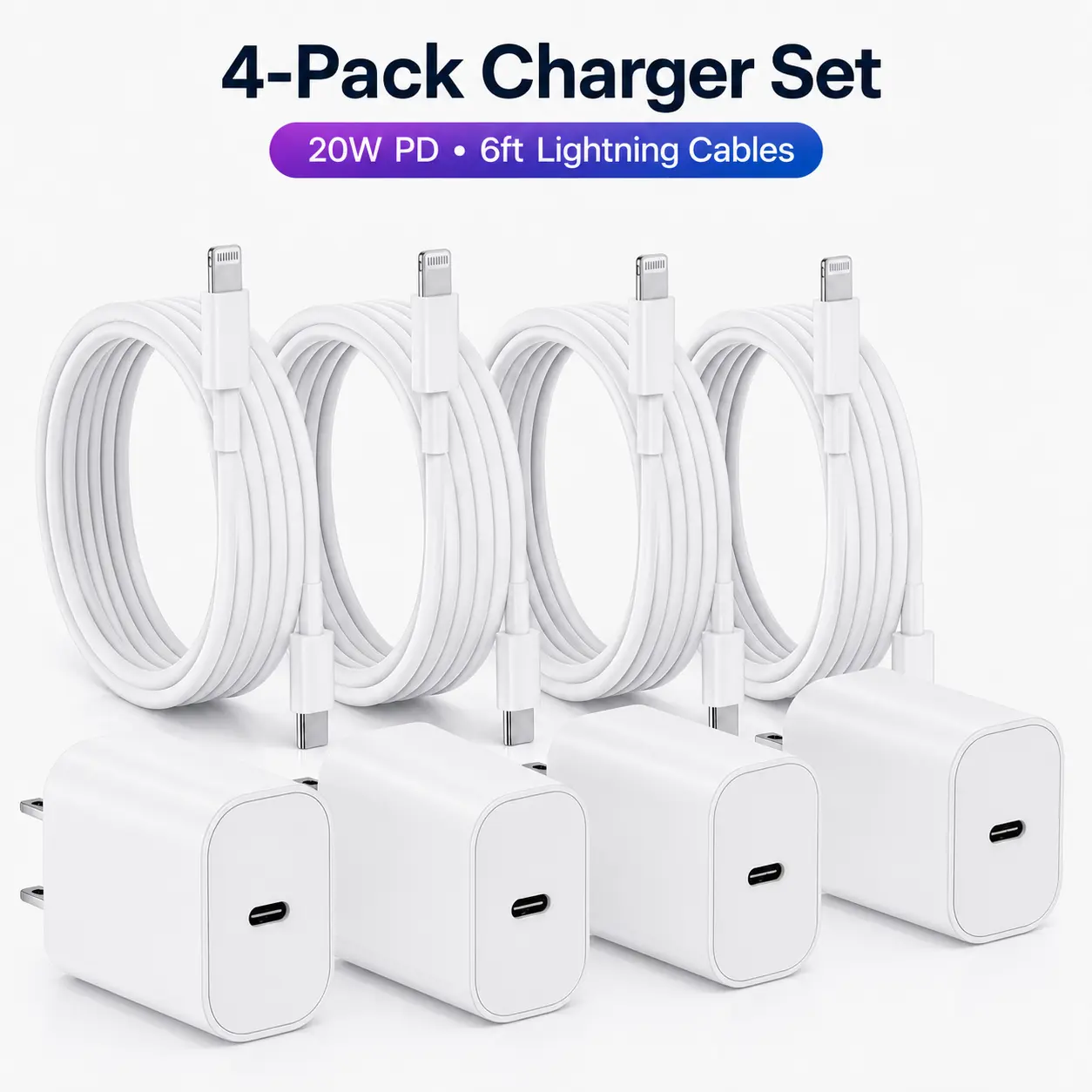 4-Set 20W Charger Fast Charging Block Adapter with 6FT USB-C to Lightning Data Sync Charging Cord for iPhone 14 13 12 11 Pro Max Xs Xr X8 SE AirPods iPad & More