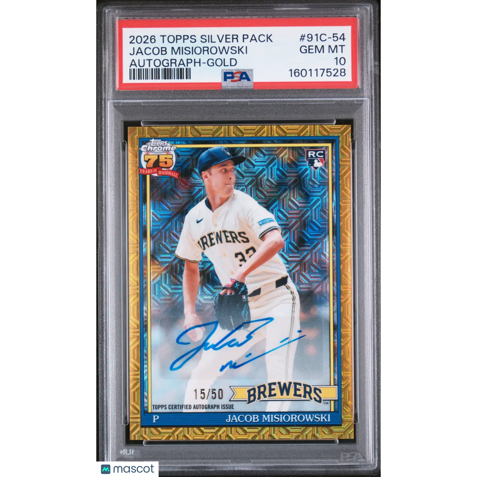 Jacob Misiorowski 2026 Topps Silver Pack 1991 Chrome Promo Auto Gold /50 PSA 10