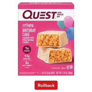 Quest Crispy Hero Protein Bar, Birthday Cake Flavor, Low Sugar, 4 Count