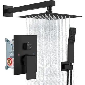 Shower Faucet Set Rain Shower System with Handheld Spray Bathroom Shower Combo Rough-in Valve and Shower Trim Kit Included Matte Black 8 Inch Wall Mount Shower
