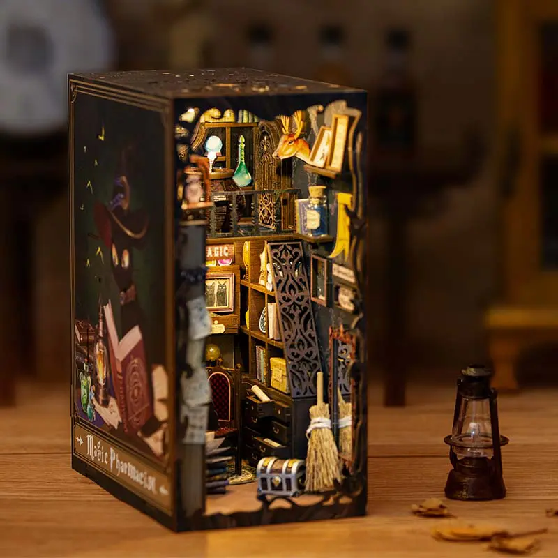 Magic Pharmacist DIY Book Nook Kit – Wizard Miniature Dollhouse with LED Touch Light | Witchcraft Alchemy Library Diorama Gift