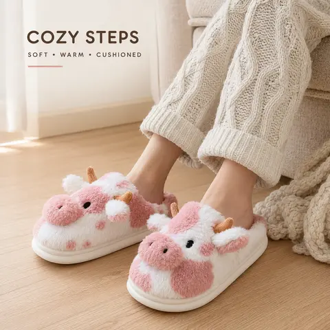 2026 Women's 3D Cow Plush Fun Slippers - Fuzzy House Shoes, Plushie Shoes, Warm Indoor Footwear, Soft, Lightweight, Casual Walk Slip-On, Synthetic Cushioned Thick-Sole Sports Slide for Bedroom Use
