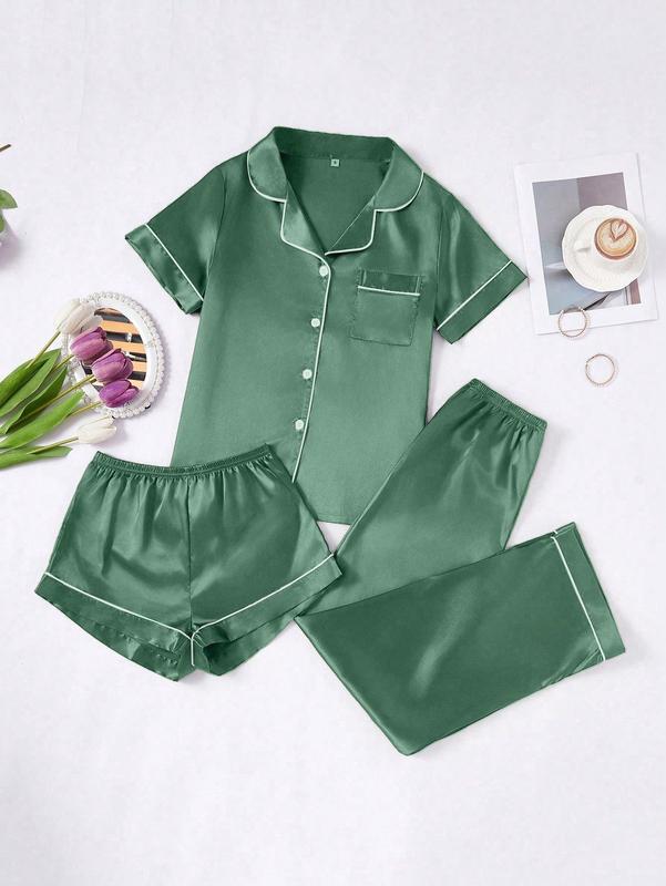 3 PiecesWomen s Contrast Color Trim Solid Color Faux Silk Pajama Set - Dark Green