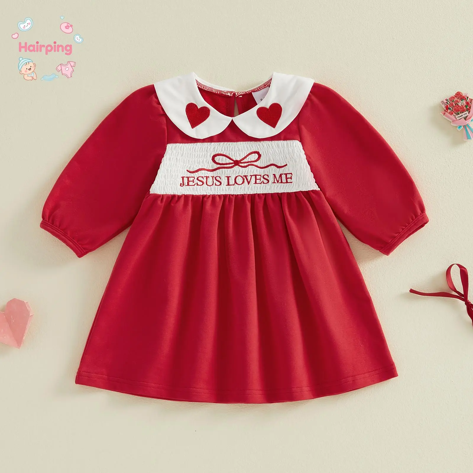 Baby Girl Red Long Sleeve Dress with White Peter Pan Collar, "Jesus Loves Me" Embroidered Heart Design Casual Occasion & Daily Wear