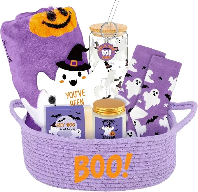 Halloween Fall Gift 8 and 9 Pcs Pcs Boo Basket Stuffers for Women Halloween Boo Basket Items Gift Set for Halloween Ghost Plush Toy Spooky Glass Cup Socks for Women Adults Wife Girlfriend Her Sister Friend