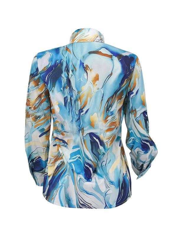 Women's Random Print Curved Hem Satin, Casual Long Sleeve Button Front Collared Blouse Top for Daily Wear, Ladies Clothes for All Seasons