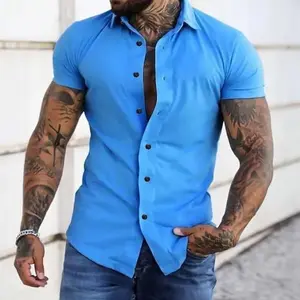 Mens  Muscle Fit Dress Shirts Casual Button Down Shirt Short Sleeve Wrinkle-Free Shirts Menswear Top Plain Beige Shortsleeve Tropical Biker Wetsuit