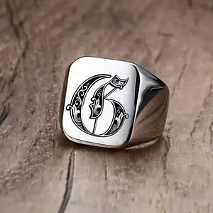 1pc Fashion Trend Domineering 26 Letter Men's Square Stainless Steel Ring Alphabet Design Ring Stacking Rings