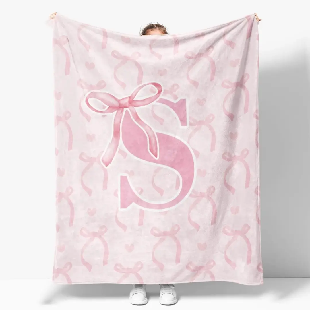 Coquette Pink Bow Throw Blanket Personalized Initial S R M K T A B C D E F G H J  L V Z Soft Fluffy Cozy Flannel Monogrammed Gifts for Daughter Women Teen Girls Customized Bedding Bedroom Office