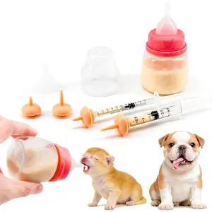 Pet Feeding Bottle and Syringe Set for Puppies and Kittens 1 Bottle 2 Syringes 6 Nipples Pink