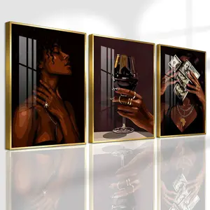 3 Count Aluminum Alloy Frame Canvas, Fashion Poster Black Woman Art With Wine And Money, Modern Living Room Decoration, Light Luxury Family Art, Suitable For Bedroom, Corridor And Office Wall Decor, Gift