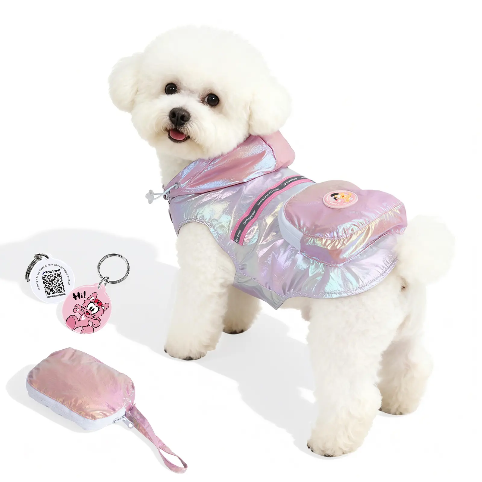PawView Reflective Waterproof Dog Raincoat, Lightweight & Breathable, Foldable & Portable, Includes 1 Smart QR Code ID Tag