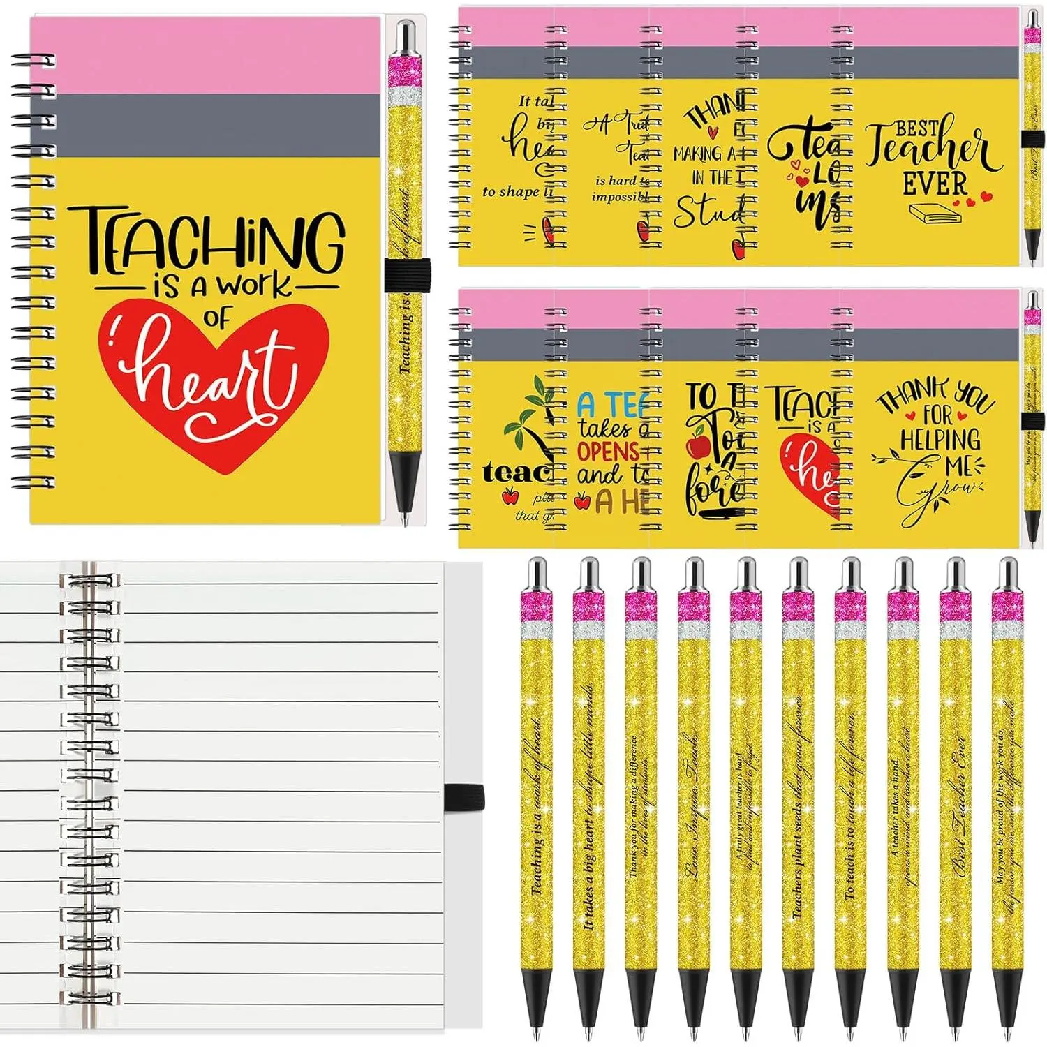 Teacher Appreciation Gifts Bulk from Students, Pencil Spiral Notebooks with Glitter Pens, Thank You Cute Classroom Supplies Party Favor   to School, 10 Styles(10 Sets)