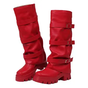 Women’s Knee High Platform Boots Multi Buckle Faux Leather Ruched Chunky Sole Punk Edgy Streetwear Party Casual Daily Footwear