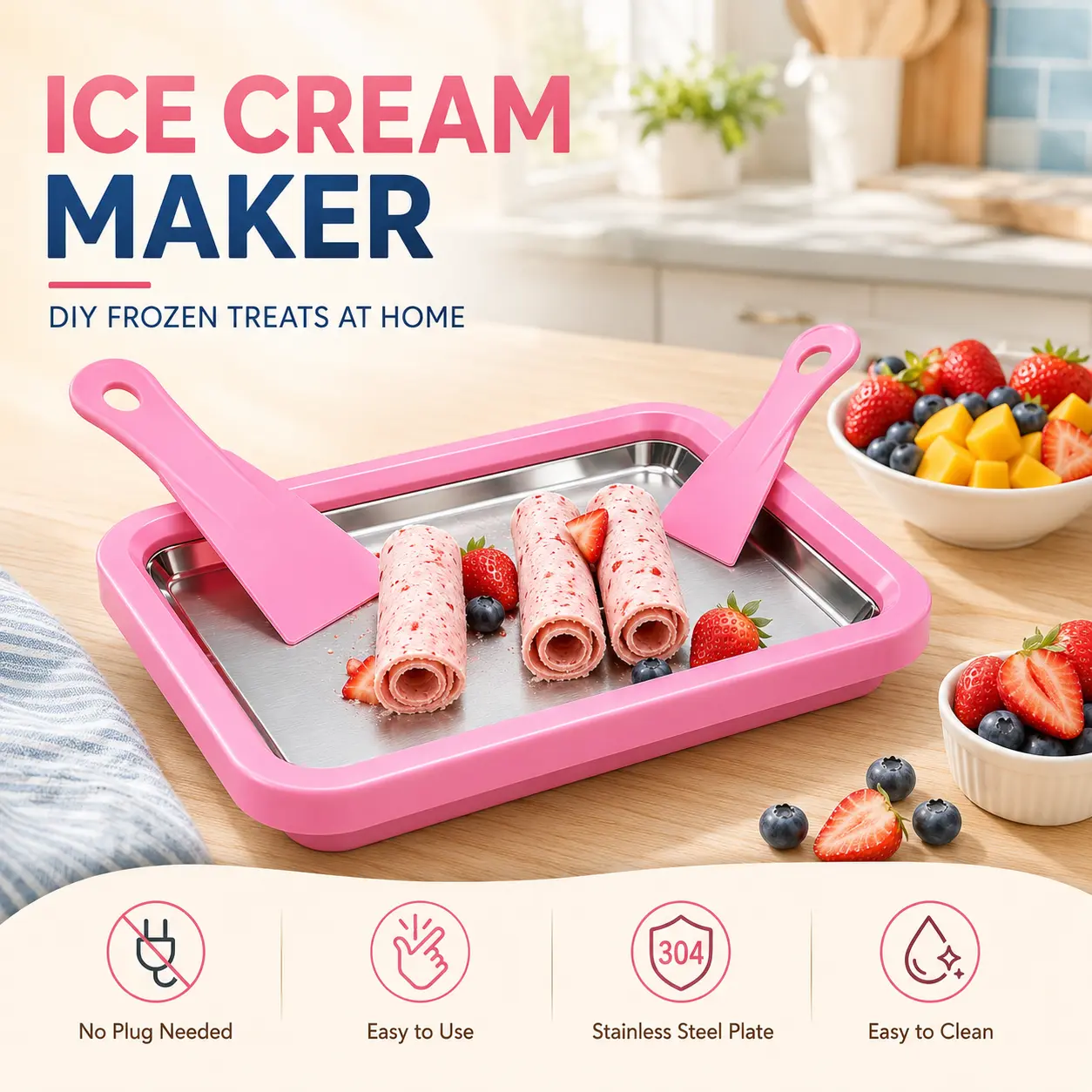 UOYGAO Food Grade Stainless Steel Rolled Ice Cream Maker Kit with 2 Scrapers - Kitchen Appliances for Frozen Yogurt, Slushie, Homemade DIY Parent-Child Activities, Pink Birthday Gift for Families,home essentials