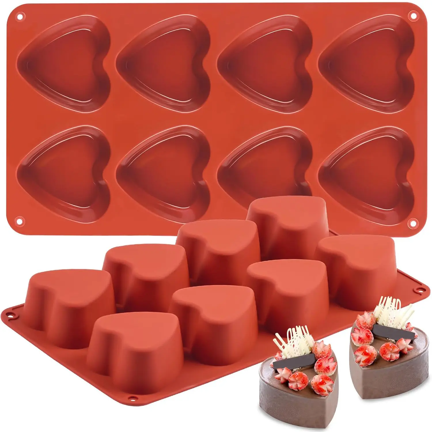 2 Pieces Valentine's Day Heart Shaped Chocolate Molds, 8-Cavity Silicone Muffin Pans Non Stick Baking Molds for Brownie, Cheesecake, Pudding, Jelly