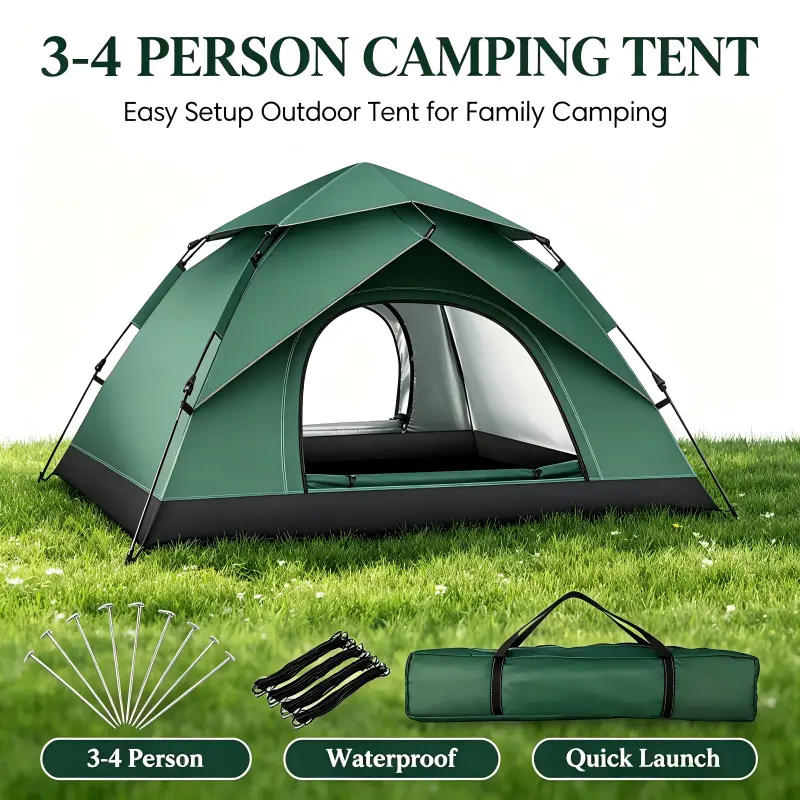 Dark Green 3-4 Person Fully Automatic Pop-Up Camping Tent, Waterproof, Windproof, UV Sun Protection, Portable Folding Outdoor Tent for Camping, Picnic Use