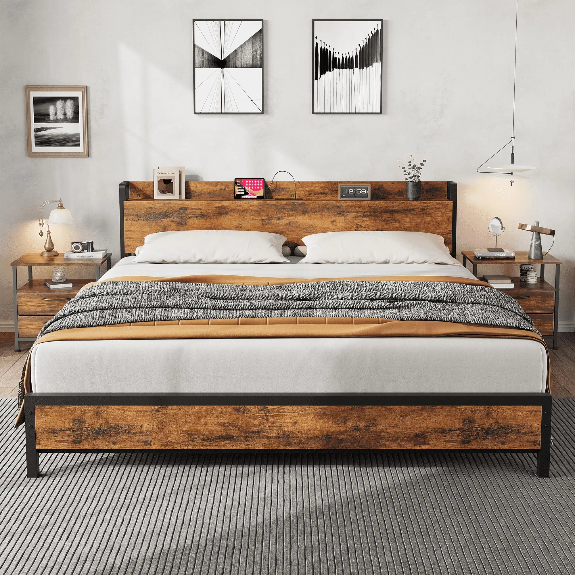 Queen/Full/King Size Option Heavy Duty Metal Bed Frame with Rustic Wooden Headboard & Footboard – Built-in Charging Station (2 USB Ports & 2 AC Outlets) – No Box Spring Needed – Easy Assembly – Noise-Free Platform