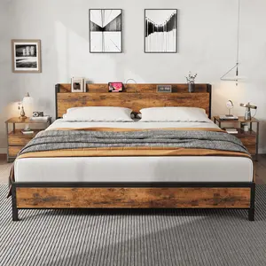 Queen/Full/King Size Option Heavy Duty Metal Bed Frame with Rustic Wooden Headboard & Footboard – Built-in Charging Station (2 USB Ports & 2 AC Outlets) – No Box Spring Needed – Easy Assembly – Noise-Free Platform