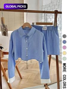 women's striped print button front shirt & shorts two-piece set, long sleeve collared top & shorts for spring & fall, ladies clothes for daily wear, womenswear, outfit, matching sets for women, matching clothing set, casual fashion set, cozy lounge set