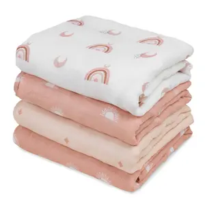 Baby Muslin Swaddle Blankets 4-Pack Breathable Receiving Blankets (35" x 40") Soft Baby Blankets for Girls and Boys Newborn Essentials Muslin Burp Cloths Swaddle Wrap Baby Gift Soft Bedding