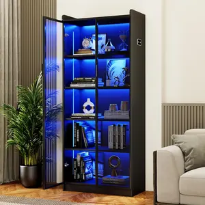 Display Cabinet with Doors and Adjustable Shelves, 65" Tall Bookcase with LED Lights/Human Sensor, 5 Tier Display Case for Collectibles Bedroom Living Room Office