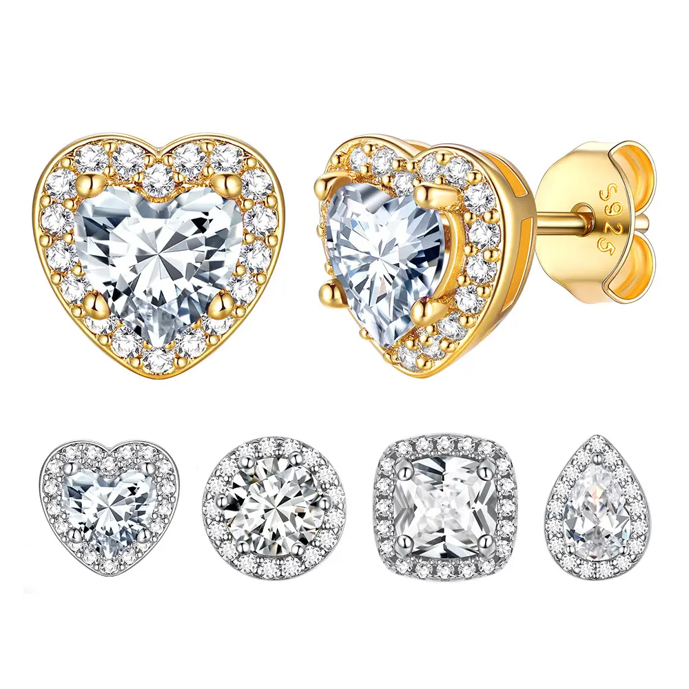 FindChic Birthstone 14K Gold Plated Studs Earrings for Women Heart/Round/Square/Teardrop Earrings with Sterling Silver Posts Push Backs, Hypoallergenic Golden Silver Color Studs with Cubic Zirconia Birthday Jewelry Gift for Women Girls