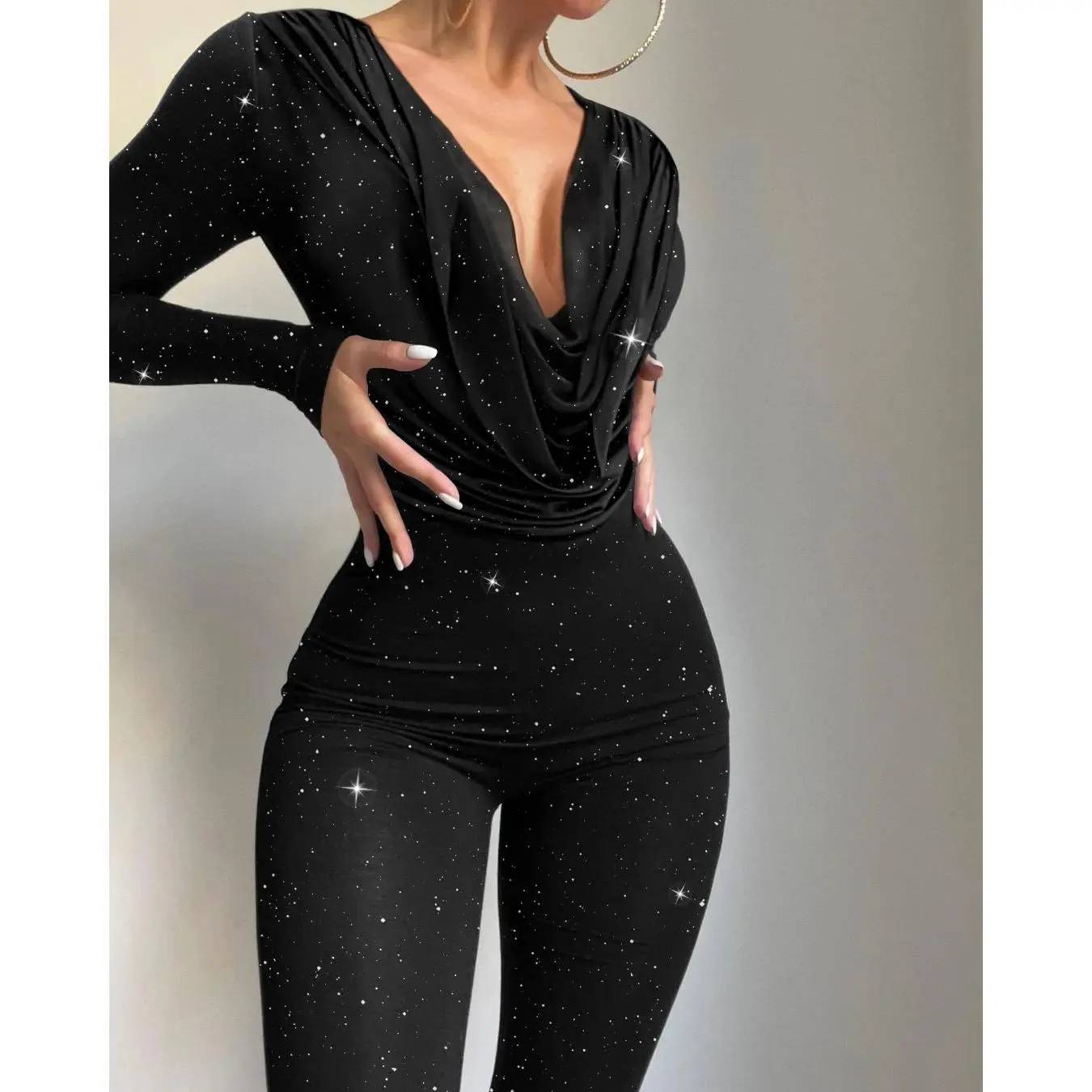 Women's Glitter Cowl Neck Long Sleeve Jumpsuit – Chic & Elegant Streetwear One-Piece