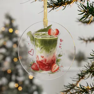 Strawberry Matcha Drink Acrylic Hanging Ornament, Cute Beverage Holiday Festive Home Party Decoration